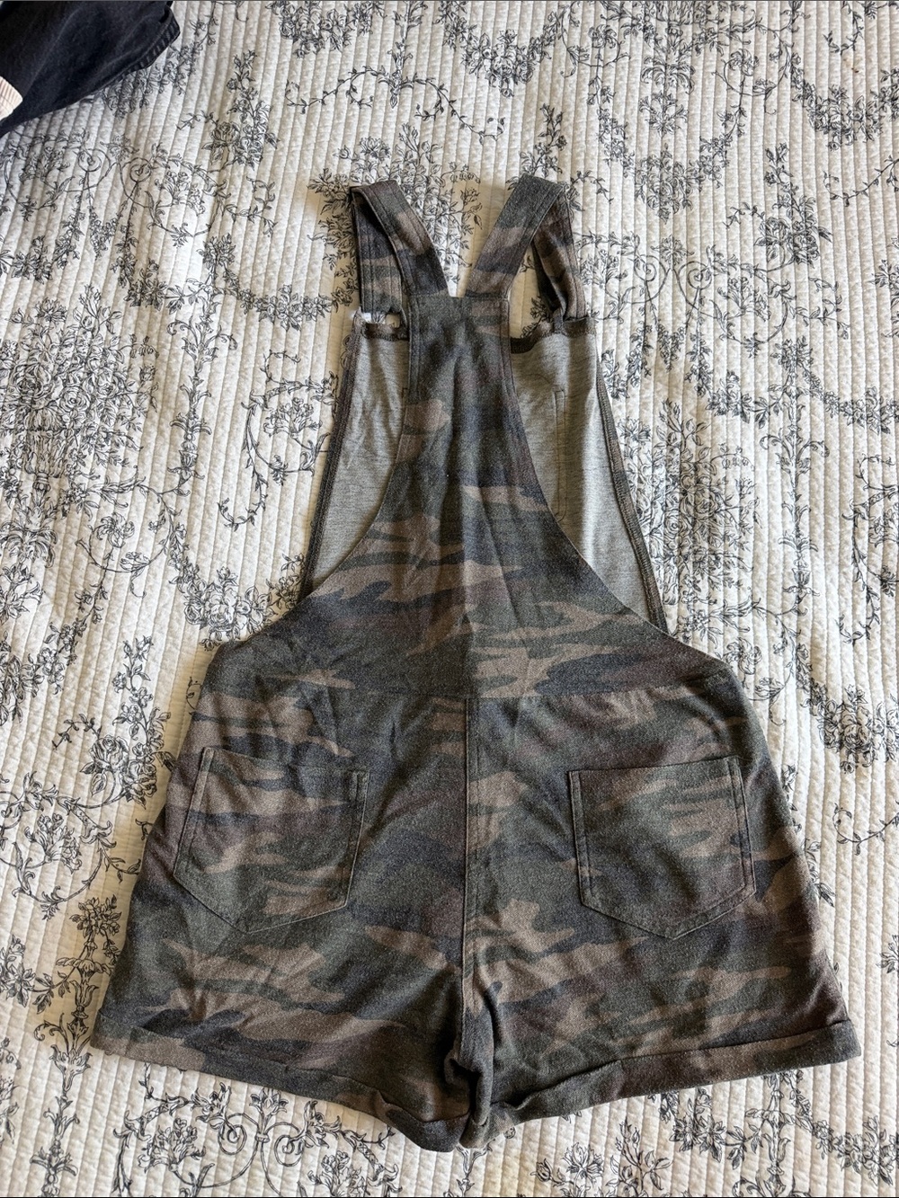 Mustard Seed Camo Short Overalls Romper in Olive/Brown - Picture 2 of 3